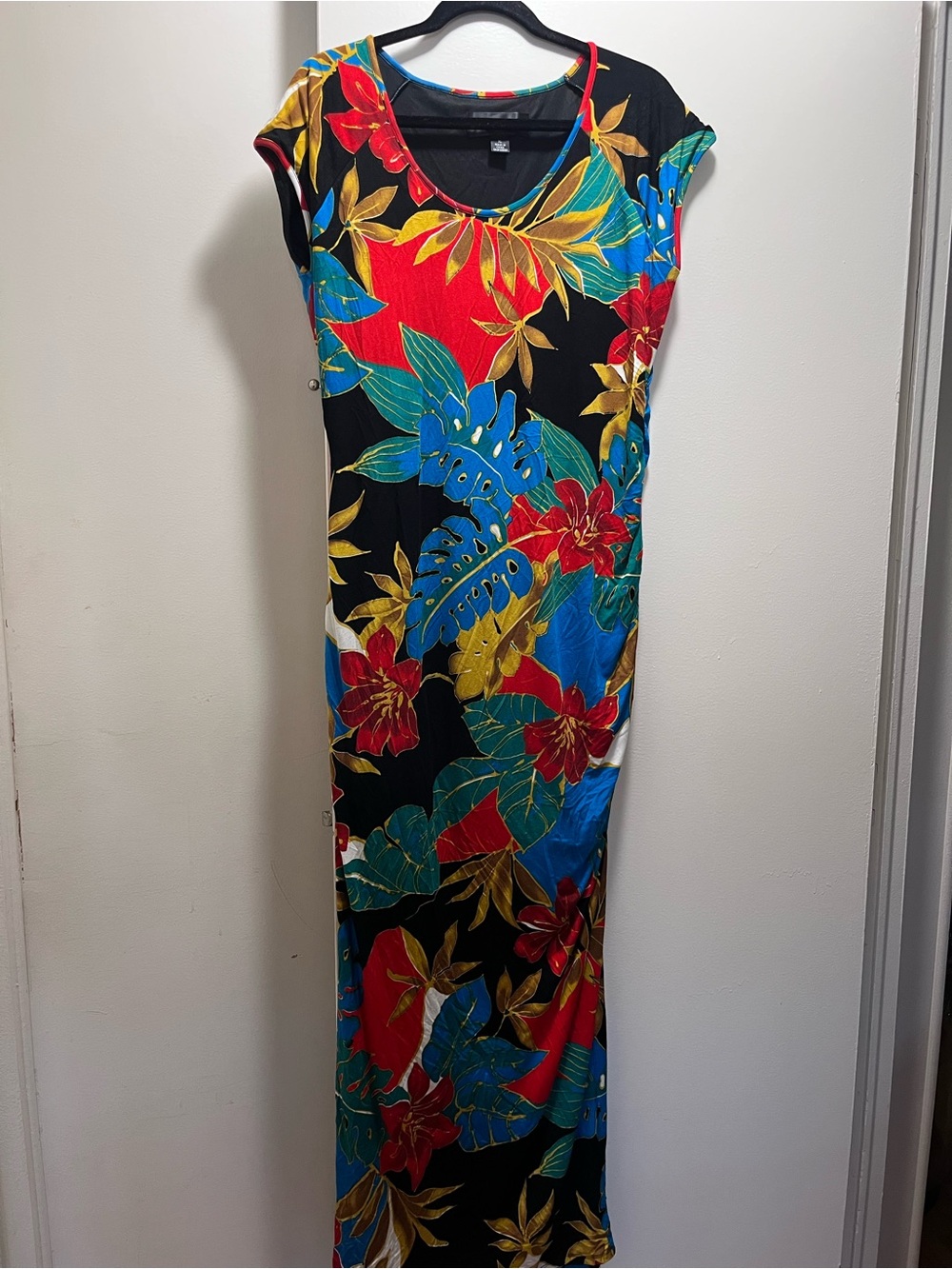 Colleen Lopez Black Tropical Floral Maxi Dress with Red, Blue & Gold